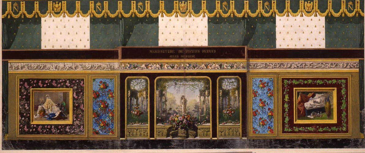Maquette du stand de Jules Desfossé à l’Exposition Universelle, Paris, 1855 Frise de Lucullus à droite au-dessus de l’Automne de Clésinger